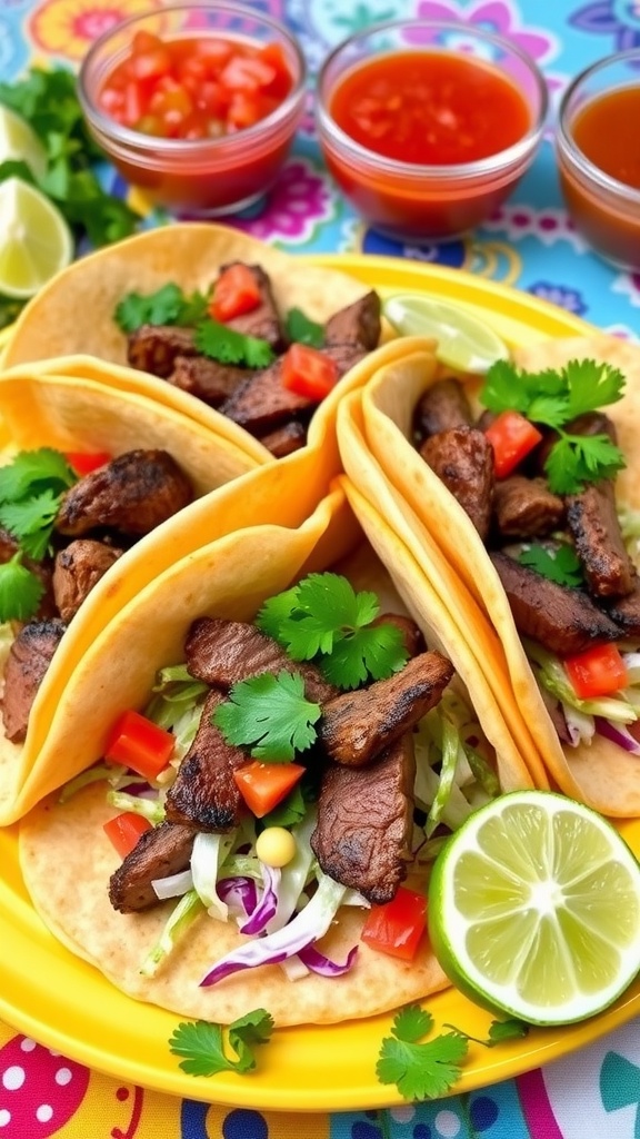 Savory Steak Tacos Recipe A delicious presentation of steak tacos garnished with cilantro and lime, filled with grilled steak, cabbage, and tomatoes.